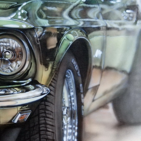 car, USA, Ford, Mustang, vintage, old timer, green, Shelby, garage, art, airbrush, canvas, handmade, painting, photorealistic, detail, workshop, tamas mike